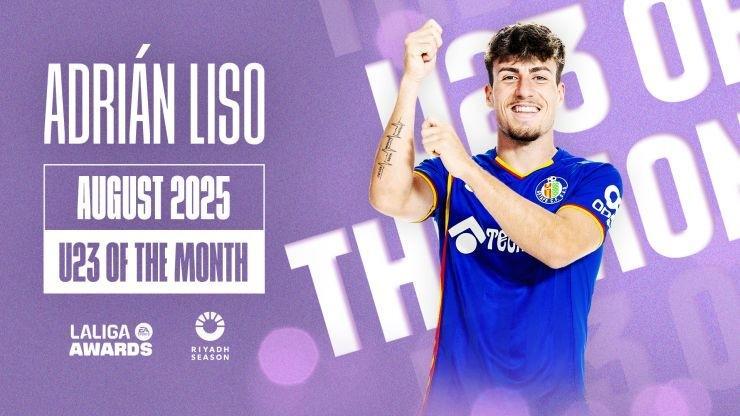 九游体育平台-3场攻入3球,赫塔费前锋利索当选西甲8月最佳U23球员